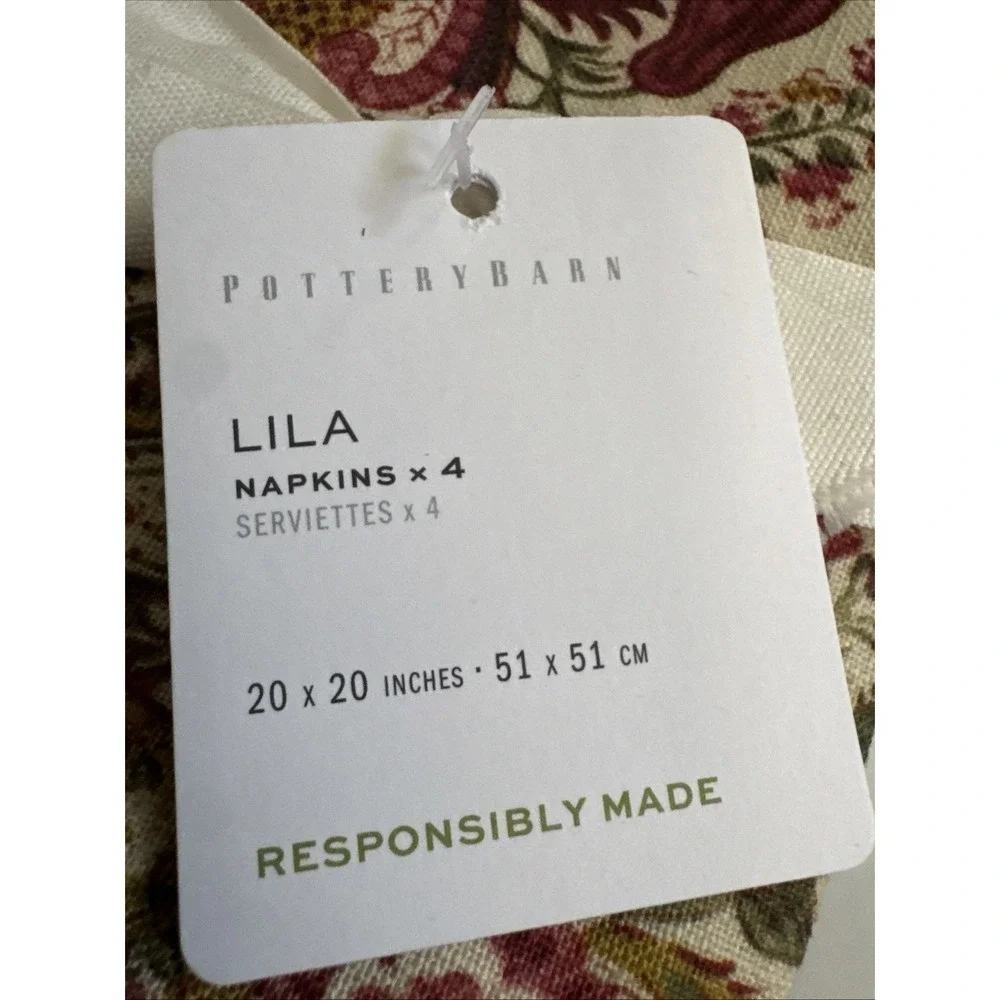 Pottery Barn Lila Floral Cotton Napkins - Set of 4 NWT 20